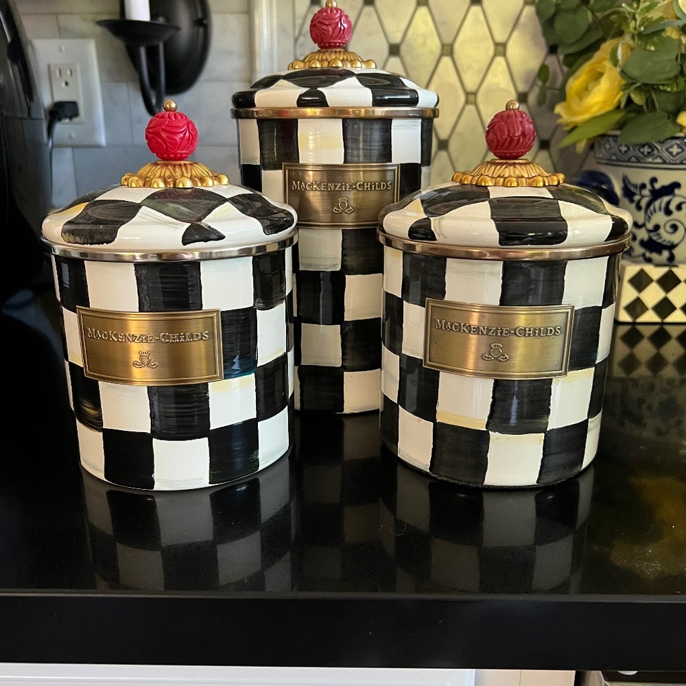 Set of 3 Mackenzie Childs Courtly Check Canisters